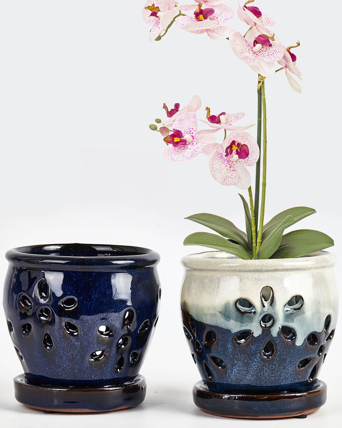 Vensovo 4 Inch Ceramic Orchid Pots with Drainage Holes and Saucers, 2 Pcs Small Planters for Orchids Succulents Repotting, Indoor Outdoor Ceramic Flower Pots for Healthy Root Growth (Blue, Blue Mixed)