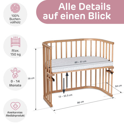 babybay Maxi Extra Large Side Bed Made of Solid Beech Wood/Children's Bed Height Fully Adjustable & Environmentally Friendly/with Mattress, Grid, Wheels (Natural Varnish)