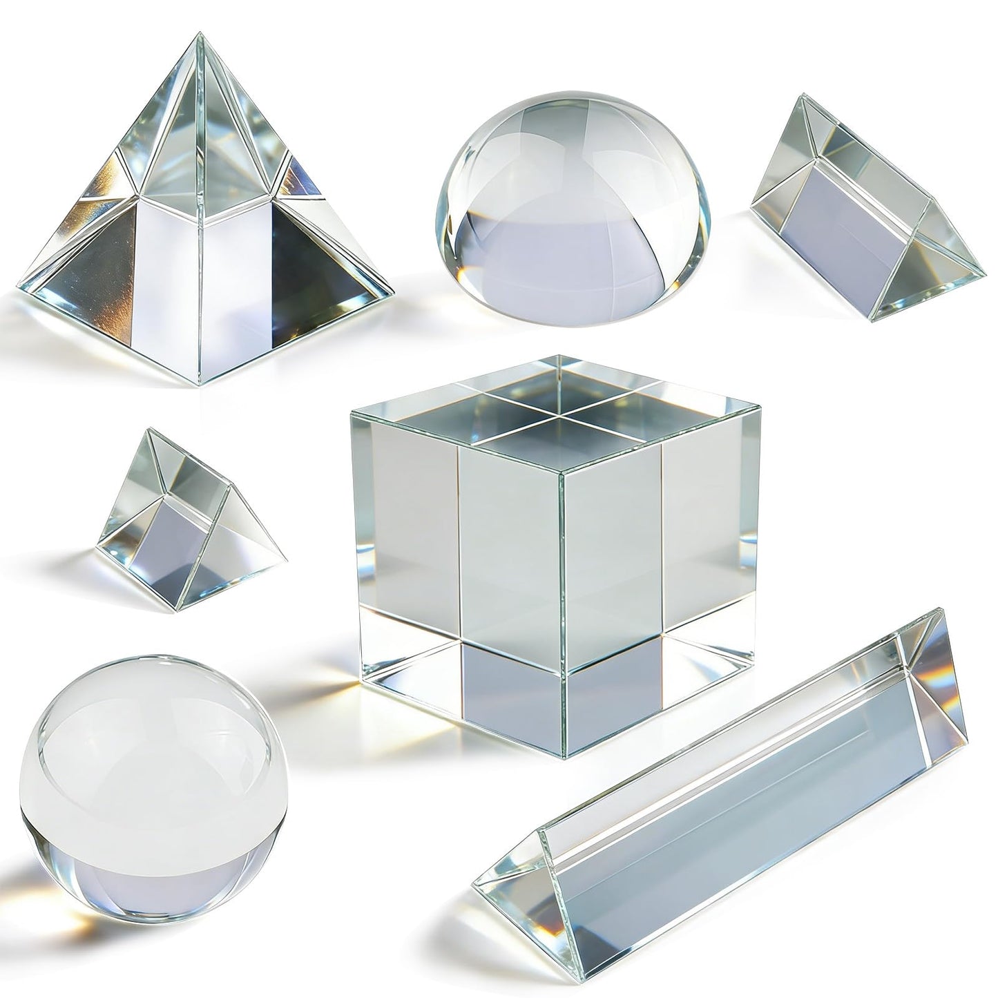 7 Pack K9 Optical Crystal Photography Prism Set, Include 1-4in Triangular Prism, 2in Crystal Glass Prism Cube, 2in Crystal Ball, 2in Dome Magnifier, Light Prism for Physics Teaching Photography Play