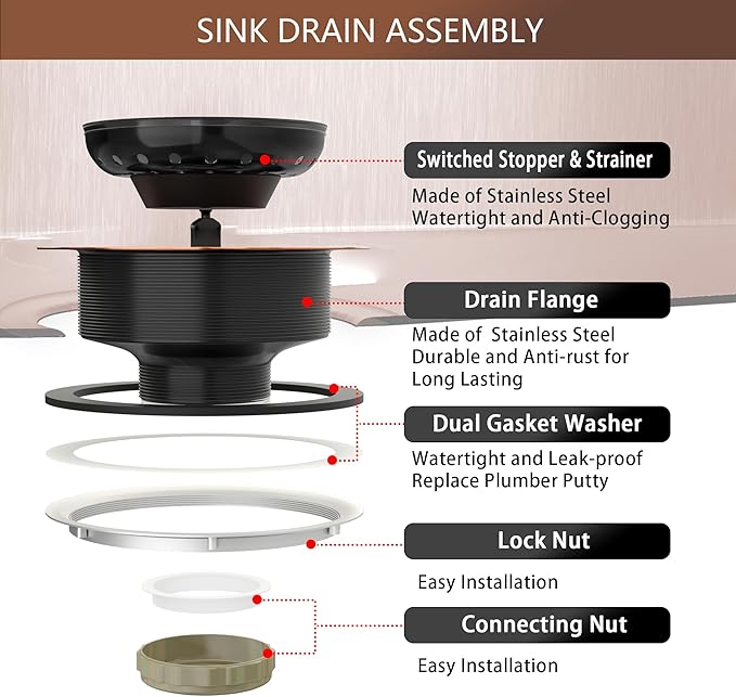 Kitchen Sink Drain Copper 3-1/2 Inch Stainless Steel Kitchen Drain Strainer