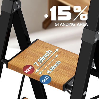 BEFITMACE 4 Step Ladder,Lightweight Folding Step Stool with Aluminum Wide Pedal& Convenient Handgrip,330lbs Capacity Steel Ladder for Household and Office(Black &Woodgrain)