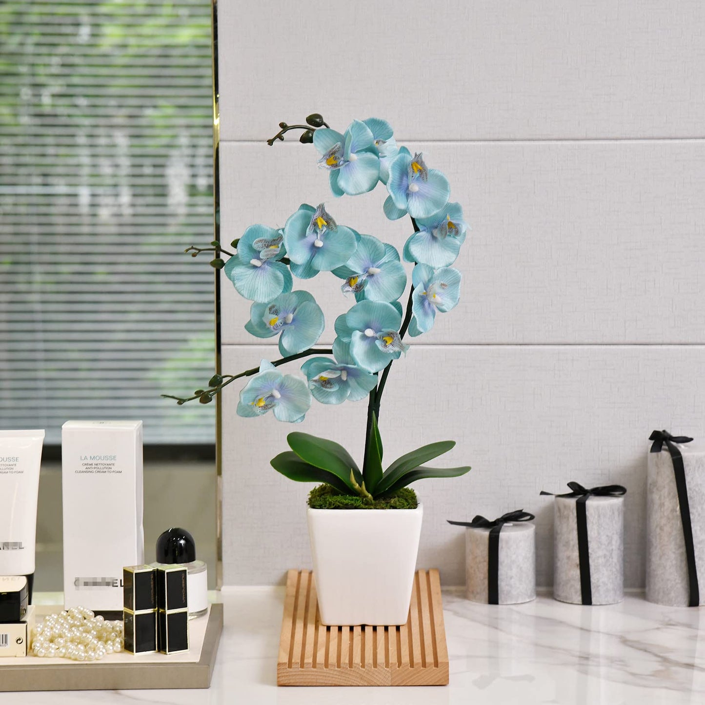 YSZL 15 Inches Tall Artificial Silk Phalaenopsis Orchid Flower Plant Pot Teal Arrangements (Golden Blue)