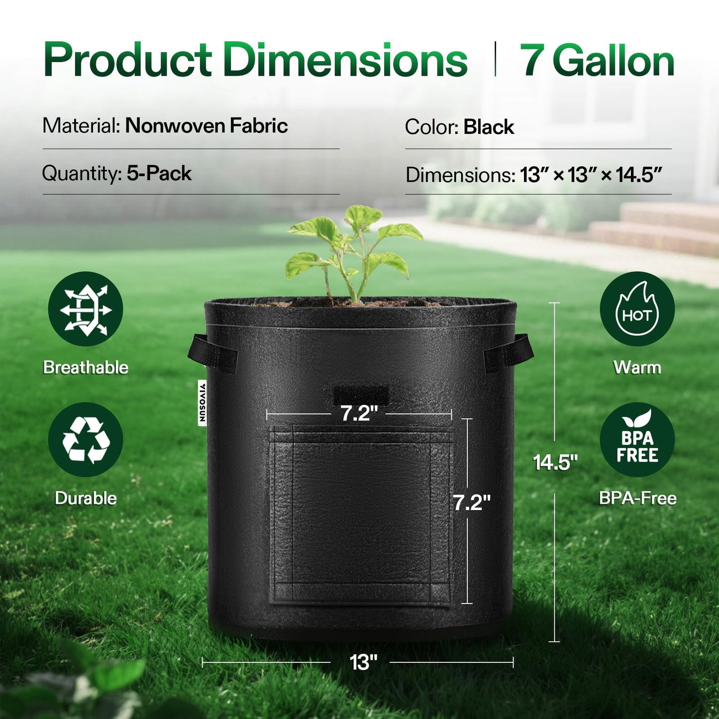 VIVOSUN 5-Pack 7 Gallon Potato Grow Bags, Fabric Pots With Handle and Roll-up Window, Planter Containers for Growing Potatoes, Black