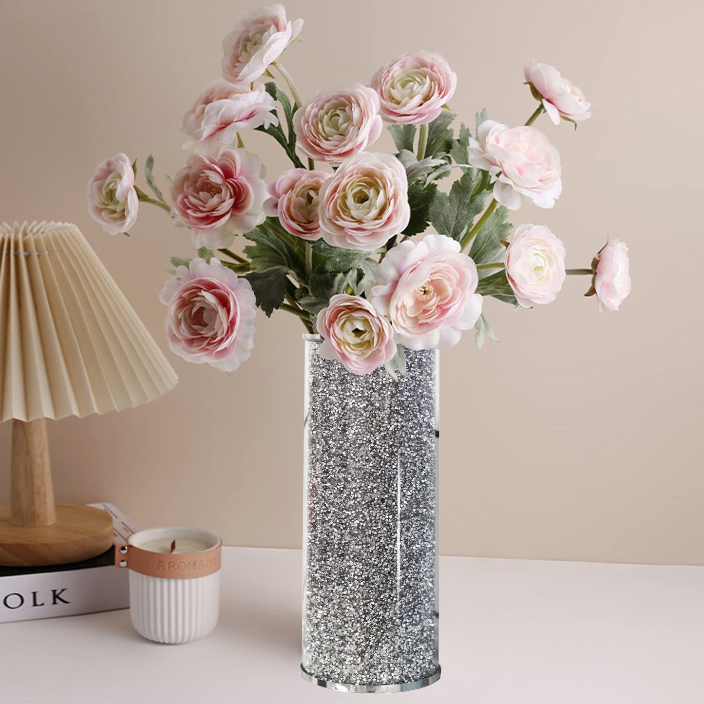 Silver Crystal Flower Vase, 10" Large Crushed Diamond Vase, Shiny Round Modern Luxury Decorative Glass Vases for Home Decor, Dining Table, Bathroom, Bedroom, Sofa Table, Wedding