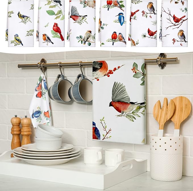 Set of 6 Birds Kitchen Towels Hummingbird Tea Towels Absorbent Dish Towels