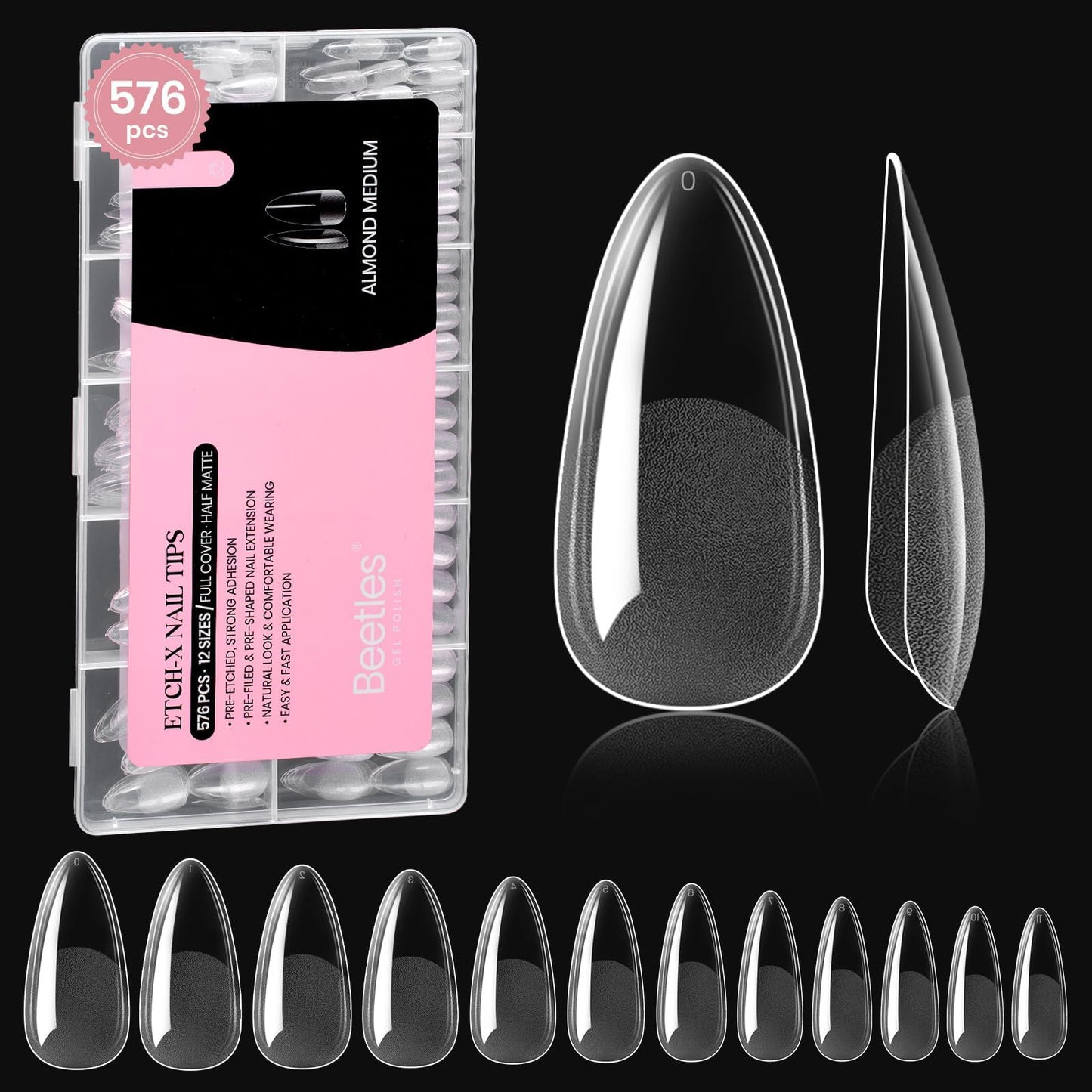 Beetles Gel Nail Kit Short Almond with Nail Dehydrator and Primer, 576Pcs Half Matte Etch-X Gel Nail Tips Solid Nail Glue Mini Nail Lamp Acrylic Nail Tips Easy DIY Nail Extension Set Gift for Women