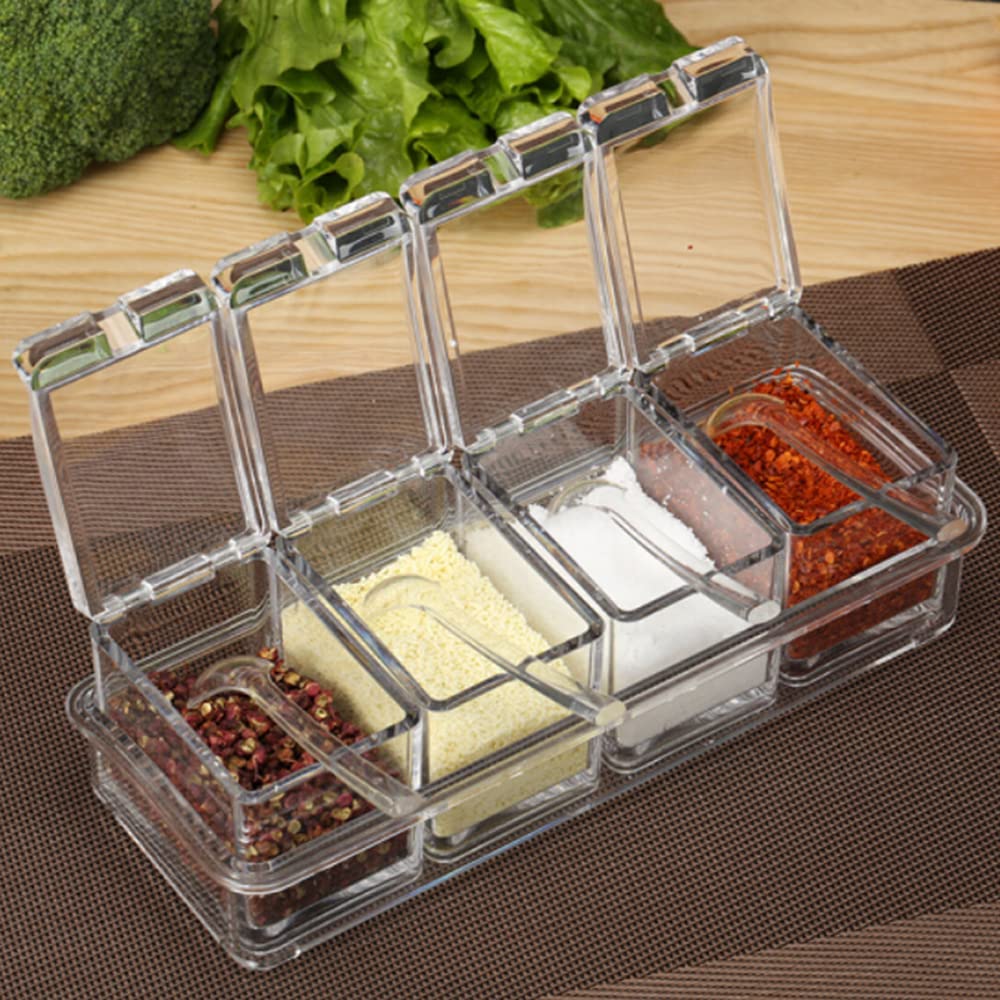 LOYUYU Seasoning Box, Seasoning Rack Spice Pots, Storage Container Condiment Jars, 4 Piece Clear Acrylic Cruet with Cover and Spoon Transparent