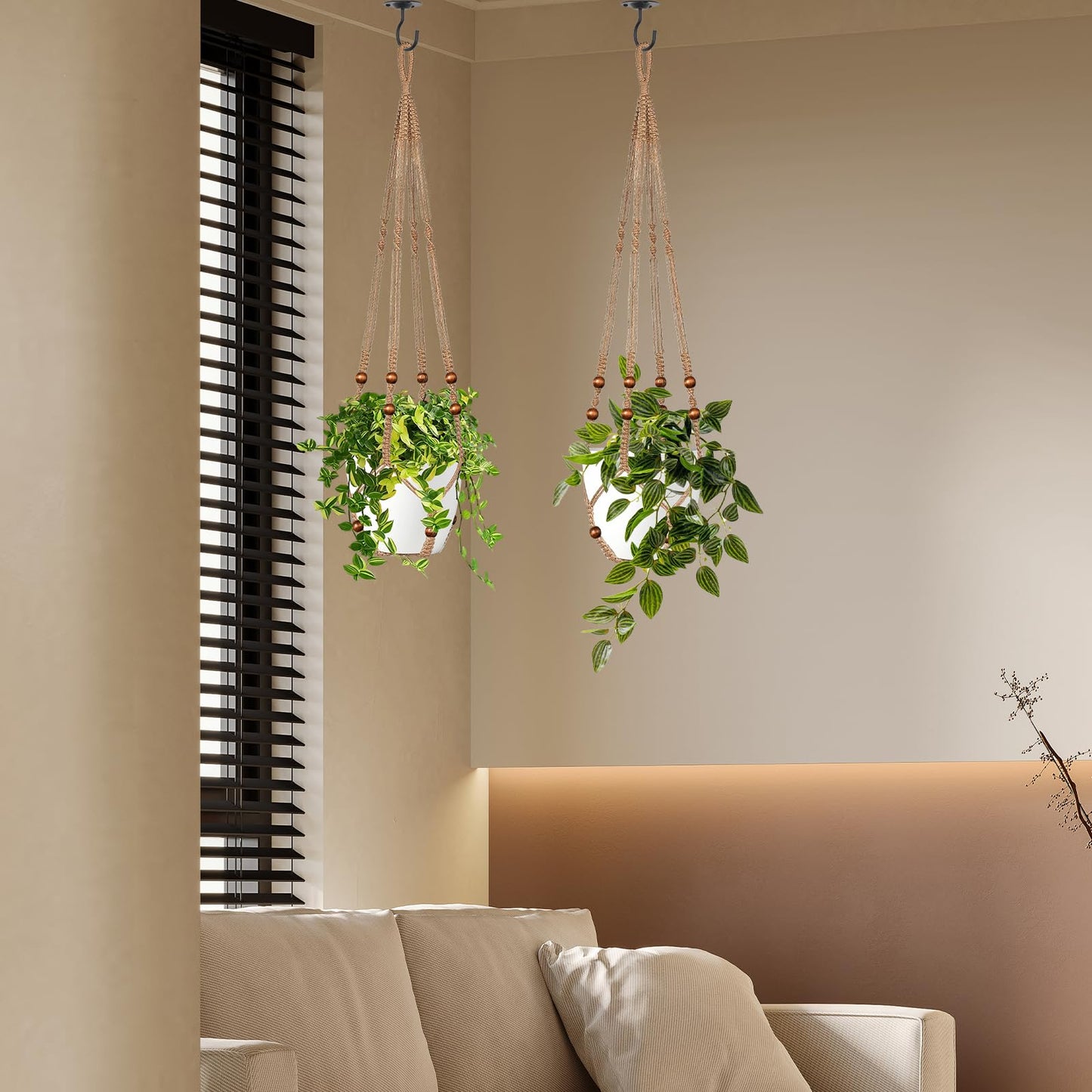 LEWESU Jute Macrame Plant Hanger Indoor Set of 4 Hanging Planter Basket Flower Pot Holder with Decorative Wood Beads & No Tassels for Indoor Outdoor Boho Home Decor, 35 Inch Brown (Pots Not Included)