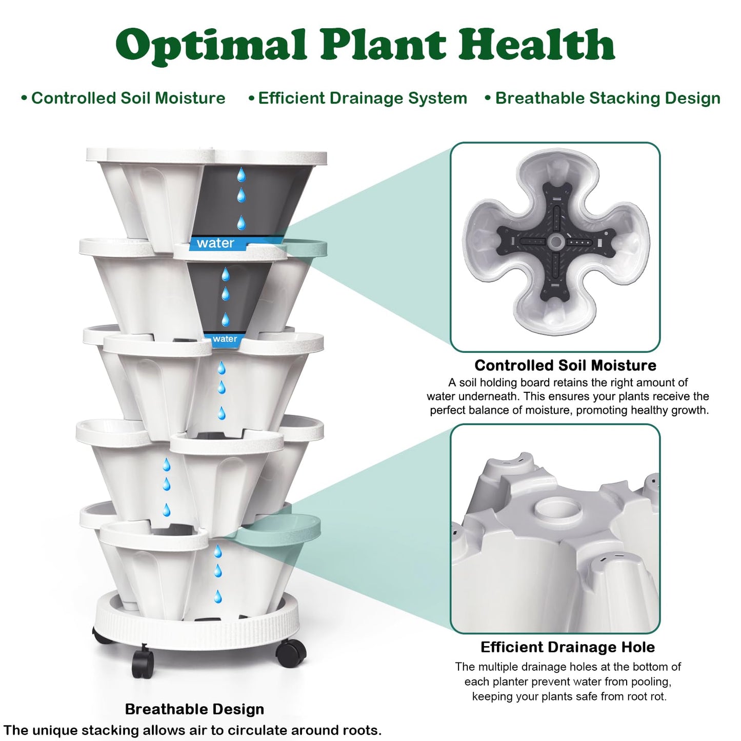 Lykvrii Strawberry Planters, 3 Tiered Vertical Stackable Planter, Herb Stacking Tower Garden, Flower Vegetable Planters with Support Pole, Indoor & Outdoor with Removable Wheels - White