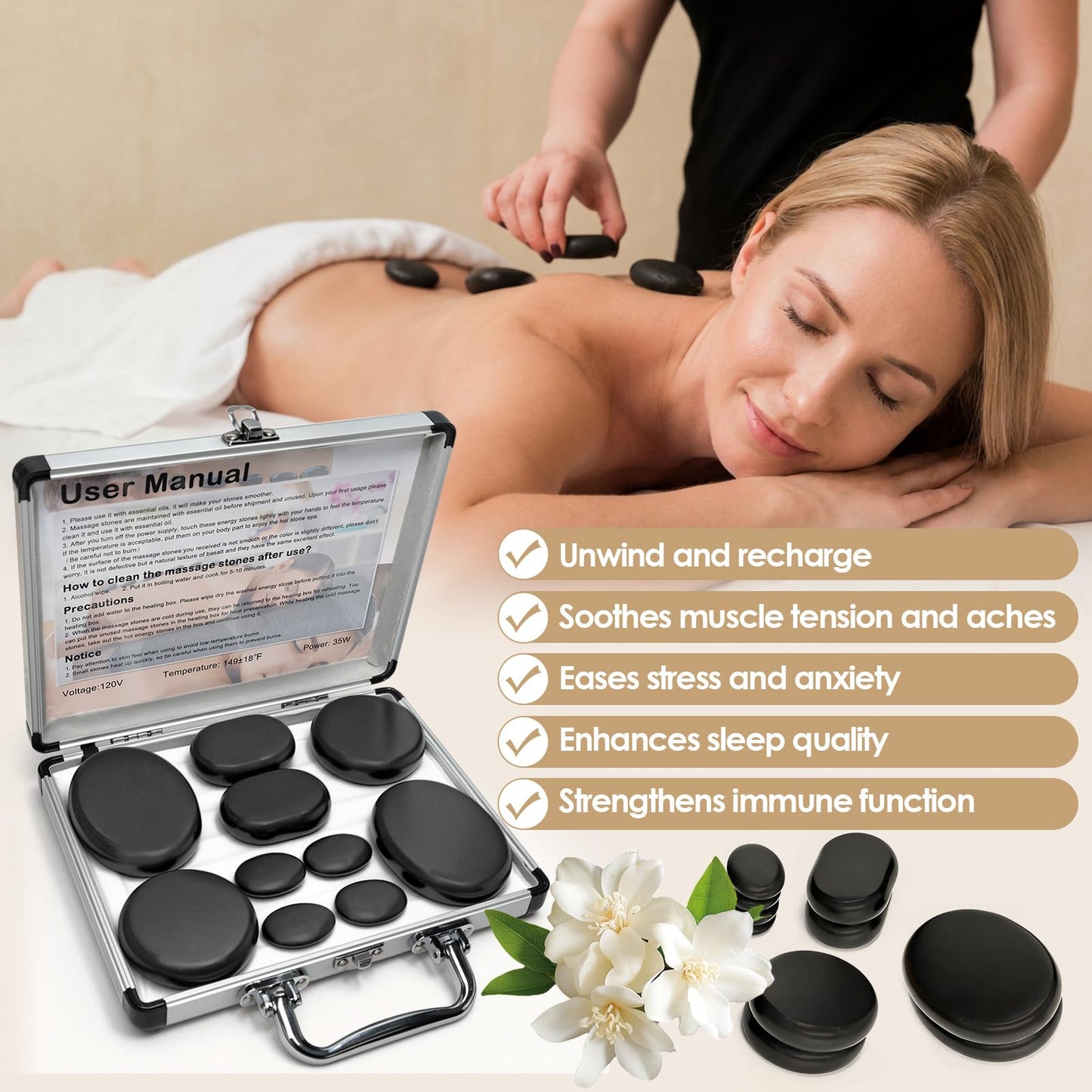 Freudeere 10Pcs Hot Stones Massage Set,Hot Stones Massage Warmer Kit,Portable Hot Stone with Heater for Home Spa Warming Therapy Relaxing
