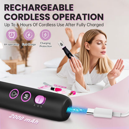 Electric Nail Drill, Cordless 2000 mAh Rechargeable Portable Nail File 12 in 1 Kit for Thick Toenails, 10 Speeds Nail Dril Machine Professional Manicure Pedicure for Hand Natural Nails Care (White)