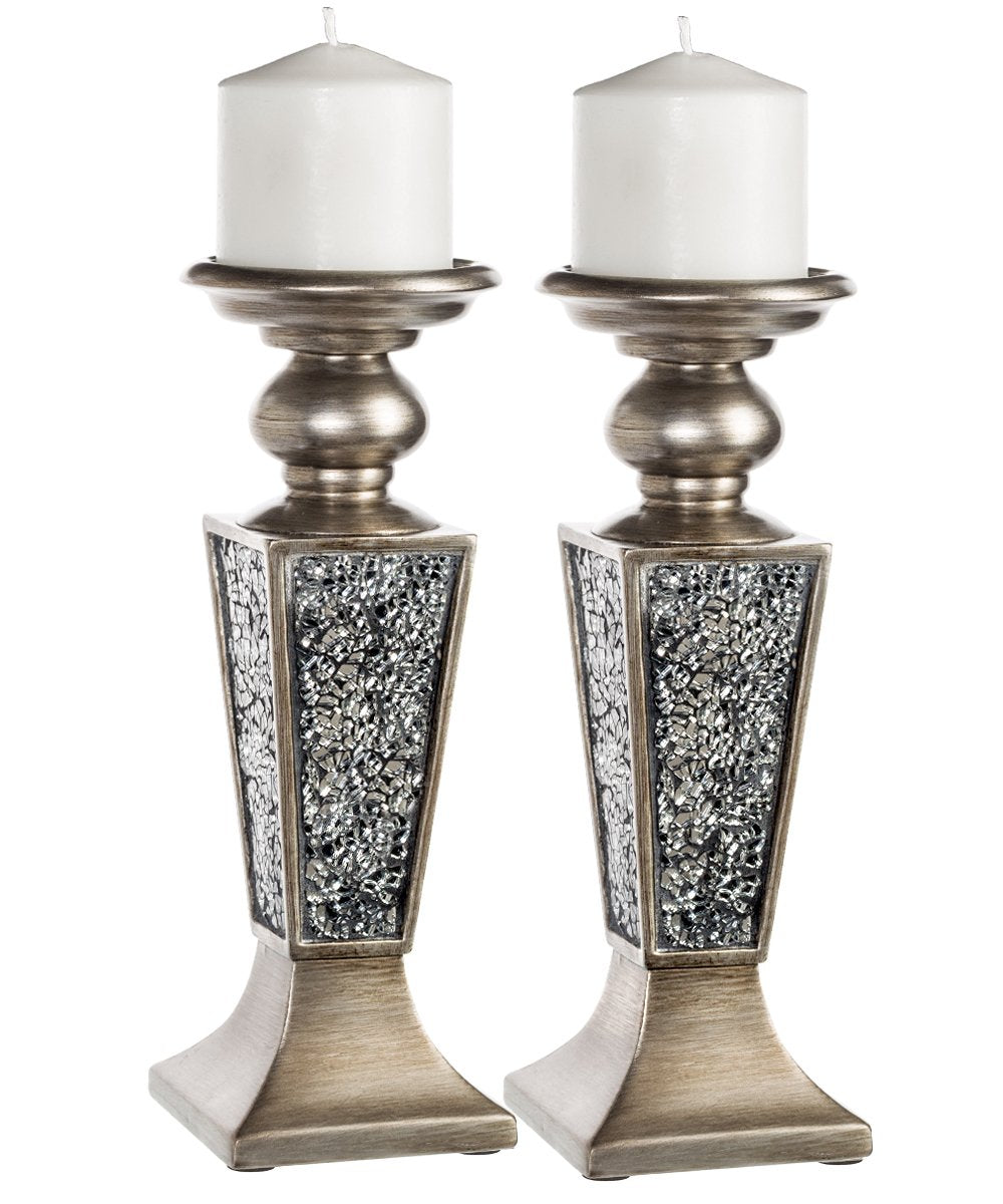 Creative Scents Schonwerk Silver Centerpiece Bowl with Matching Pillar Candle Holder Set of 2 Crackled Mosaic Design- Functional Table Decorations - Centerpieces for Dining/Living Room - Best Gift