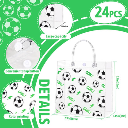 24Pcs Soccer Clear Goodie Bags - 7.9 x 7.9 x 3.15 Inch Plastic Favor Bags with Handles for Soccer Sport Theme Birthday Party, Team Treat Snack Bag, Gifts Bags for Team Celebration, Sports Party Supplies
