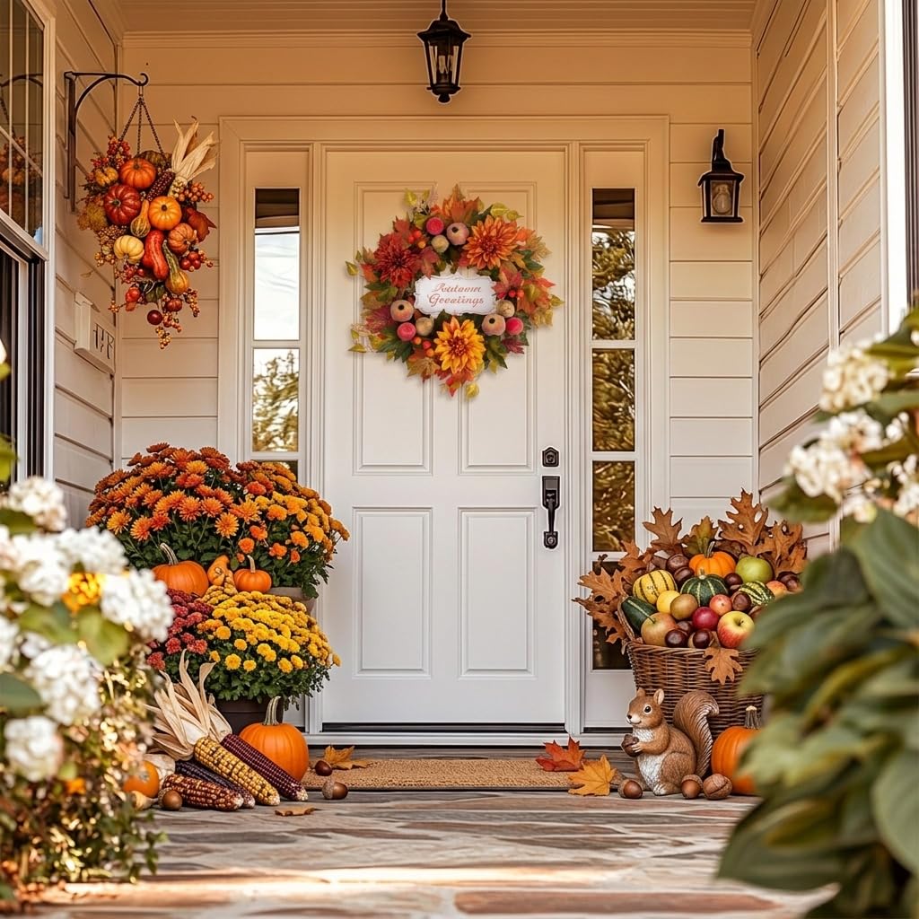 Valery Madelyn 24'' Collapsible Pre-Lit Fruits Fall Wreath for Front Door