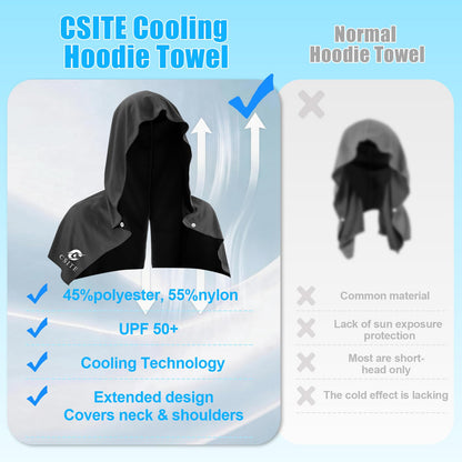 CSITE Cooling Hoodie Towels for Neck and Face, UPF 50 Sun Protection & Instant Cooling, Ice Towels for Hot Weather, Soft Breathable Towel for Sport, Work Out, Gym, Camping & More Activities（Black）