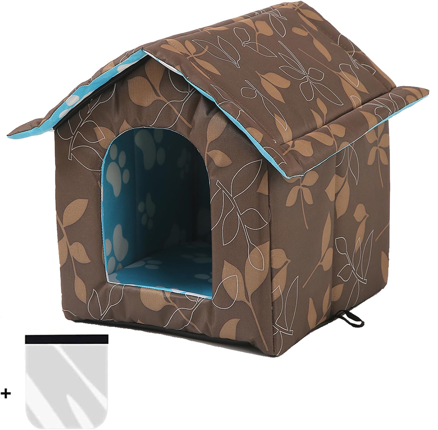 Insulated Cat House Outdoor, Cat Cave with Removable Transparent Curtain (Brown, L)