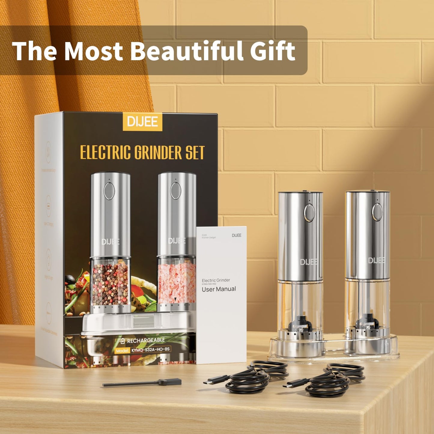 Electric Salt and Pepper Grinder Set,USB Rechargeable Pepper Mill with 6 Coarseness Settings, Automatic One-Touch Operation, Large Capacity Stainless Steel Spice Mills for Kitchen (2 Pack, Silver)