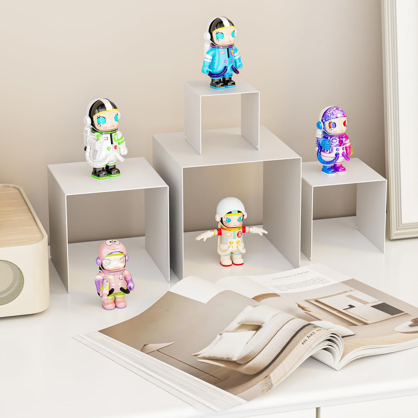 NEETBU Matte Metal Display Stand, 8 Pcs 2 Set Display Risers for Display, Metal Rectangular Display Shelf Holders for Showcase, Dessert, Perfume, Vendor Events, Cupcake Stands, Toys Display Shelves ( White, 3''x4''x5"x6" )