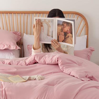 JANZAA Baby Pink Comforter Set Queen – Soft Microfiber, Lightweight All Season Bedding, Ruffle Shabby Chic Aesthetic, Breathable Cozy Bed Set with 2 Pillow Shams, Machine Washable