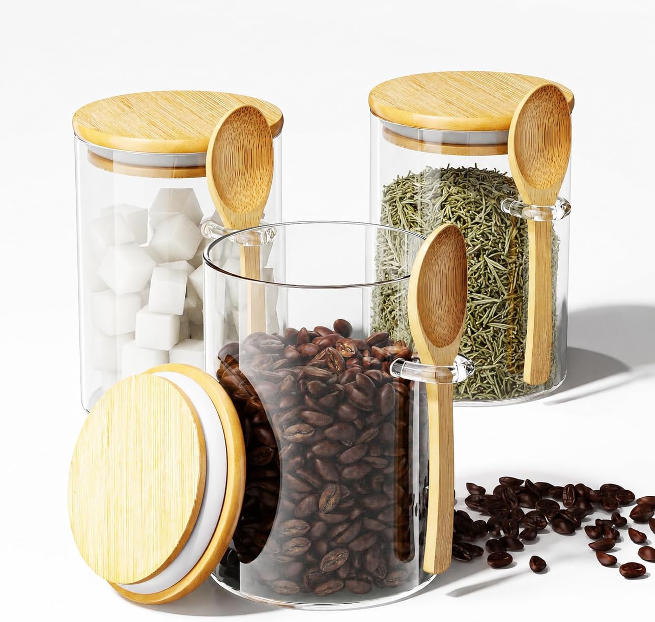 KOIKEY Coffee Sugar Container Salts Jars - 15oz Glass Airtight Caning with Bamboo Lids and Spoons Scoop, Storage Overnight Oats, Spice, Creamer, Food Organizer, Set of 3