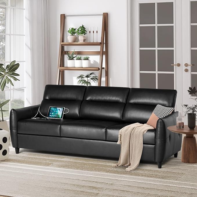 STHOUYN 85” Black Faux Leather Couch