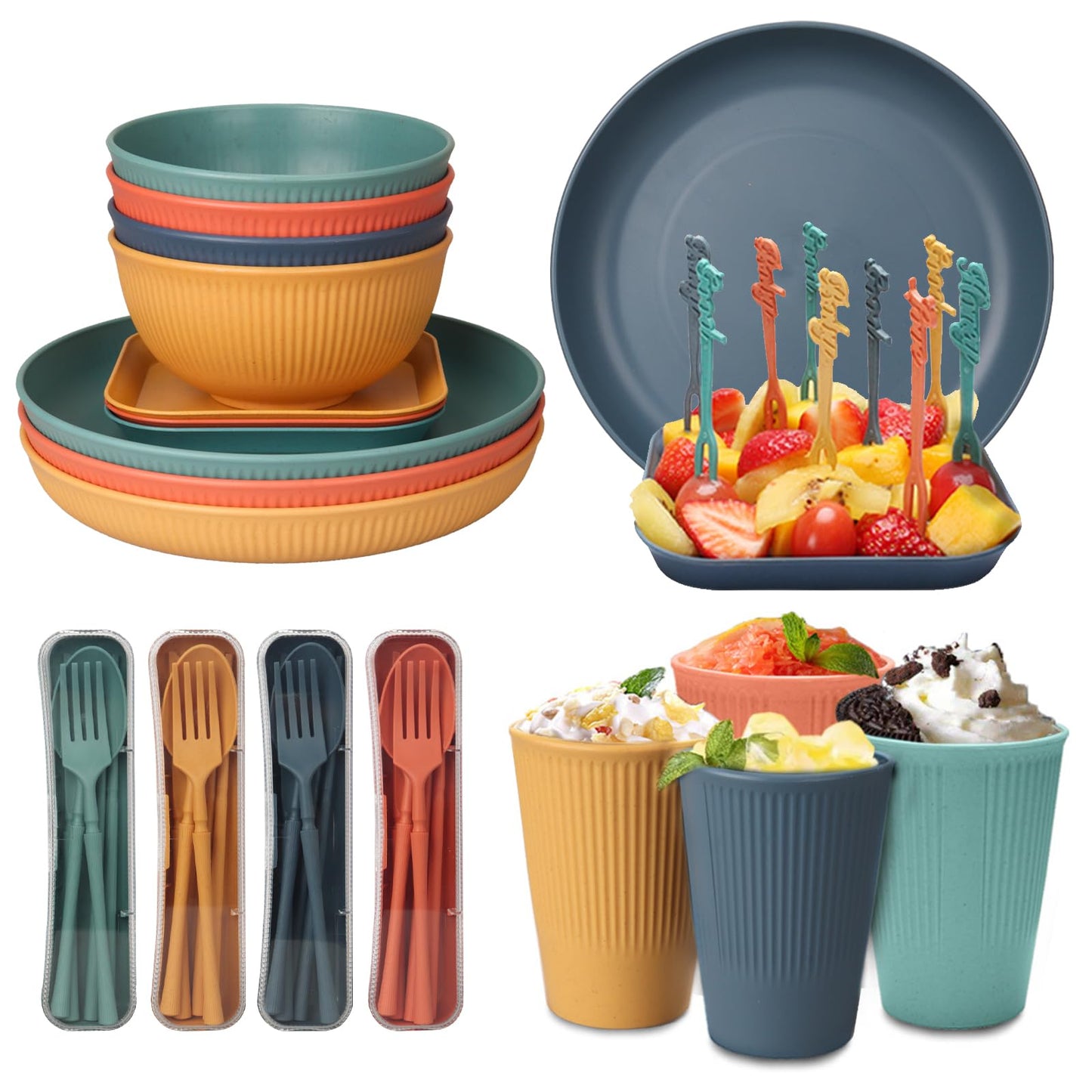 48pcs Unbreakable Dinnerware Sets for 4 People, Camping/Picnic Dinner Sets, Lightweight Colorful BBQ Plastic Serving Plates, Bowls, Cups,Cutlery Set, Forks,Tableware