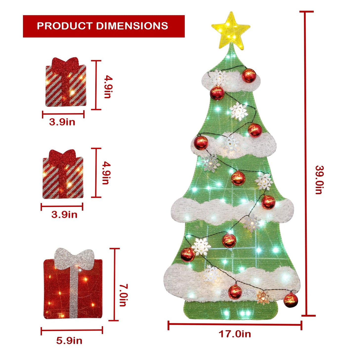 3ft 2D Christmas Tree Outdoor Decorations with 100 Twinkling LED Lights, 8 Light Modes, Large Holiday Yard Ornament for Patio, Lawn, Home（Sphere+Snowflake）