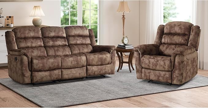 EBELLO 2 Pieces Reclining Couch Furniture Set, Soft Fabric Manual Recliner Sofa