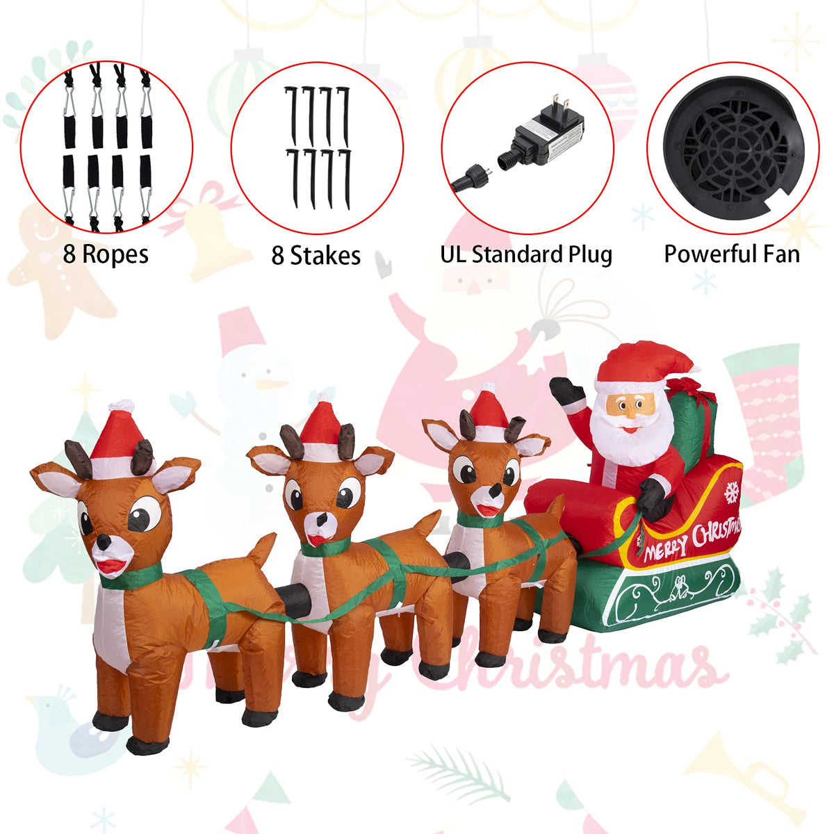 8FT Christmas Inflatables Outdoor Decoration Christmas Blow Up Yard Decorations Inflatable Santa Claus on Sleigh with Reindeers Outdoor Indoor Holiday Lawn Yard Decor