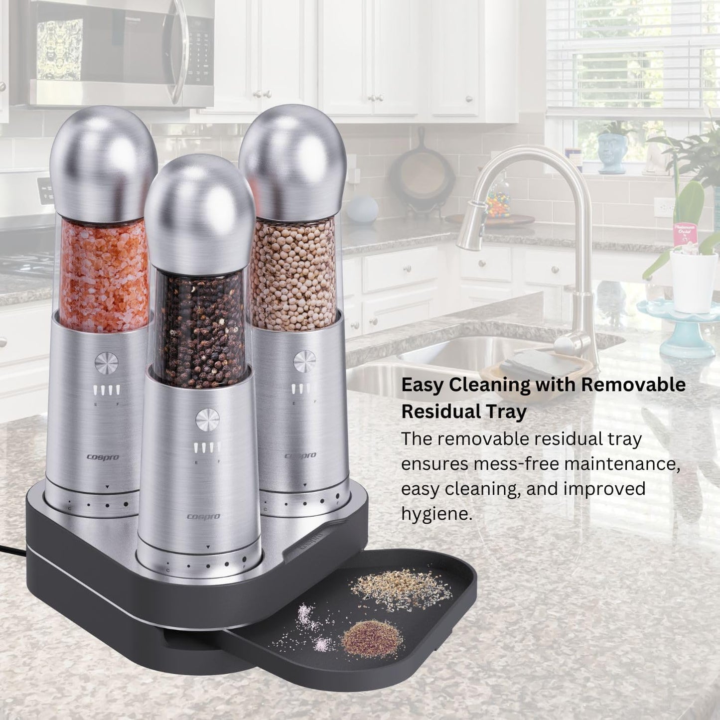 ICE ARMOR Electric Salt and Pepper Grinder, Set of 3 with Wireless Charging Base, Stainless Steel, Rechargeable Automatic Pepper Mill, Adjustable Coarseness, Easy to Use & Clean, Perfect Kitchen Gift
