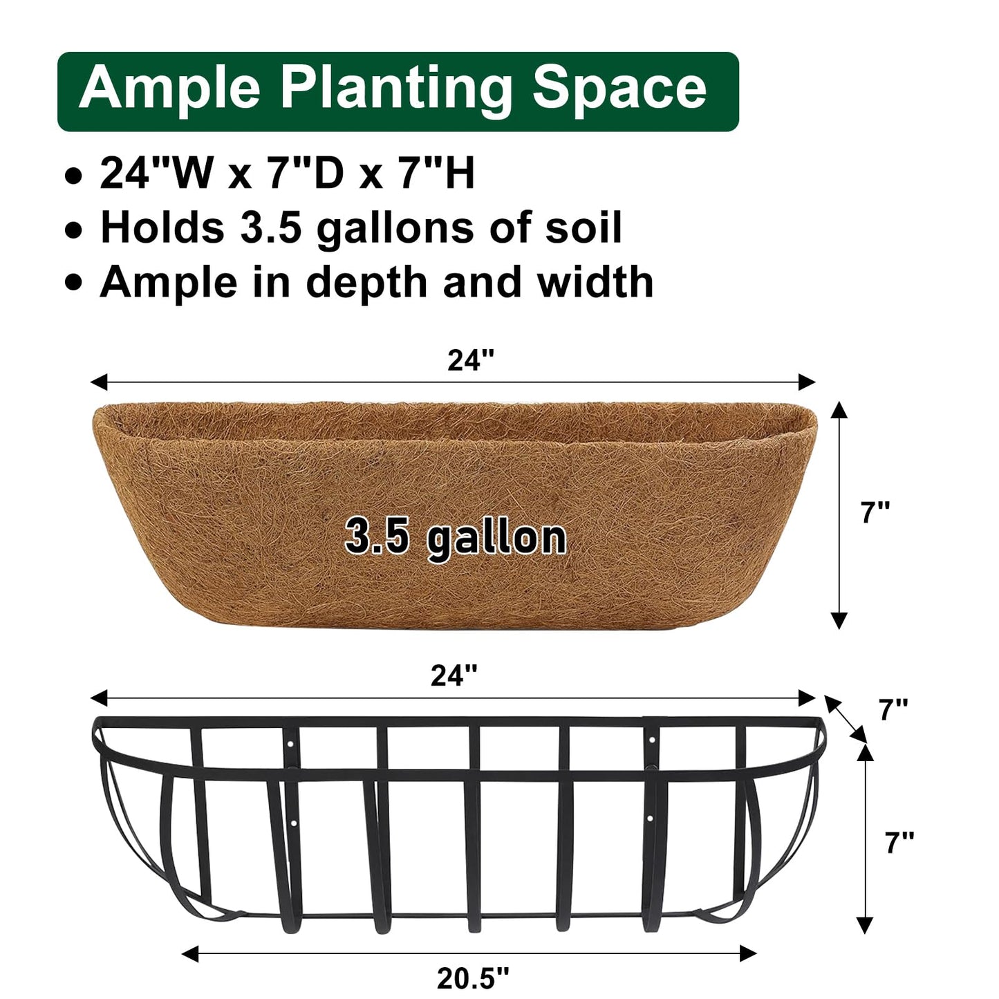 DUNCHATY 24 Inch Railing Planter 2 Pack - Adjustable Metal Window Box Planter with Coco Liner for Deck Balcony Porch Fence - Outdoor Hanging Flower Basket for Herbs & Flowers