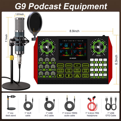 G9 Podcast Equipment Bundle with Audio Mixer for Streaming Singing, 3.5mm Condenser Microphone Kit, Voice Changer, Noise Reduction, Bluetooth, Plug & Play for PC, Phone, TikTok, YouTube