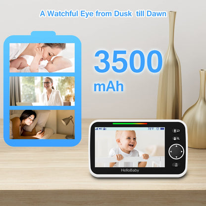 HelloBaby Monitor with Camera and Audio, 5'' Large Screen with 3500mAh Battery, Remote Pan-Tilt-Zoom Camera, Two-Way Talk, ECO-Mode, Auto-Night Vision, Range up to 960ft and No WiFi