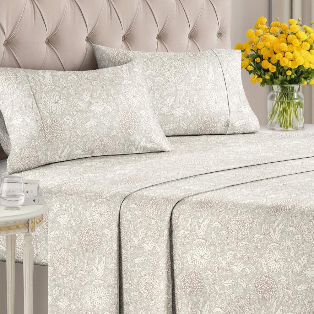 Floral Sheets - Beige Floral Bed Sheet Set - 1 Flat, 1 Fitted & 2 Pillowcases w/ Deep Pockets - Comfy, Wrinkle & Fade-Free - Boho Botanical Bedding - Ultra-Soft, Breathable and Cooling - King Size