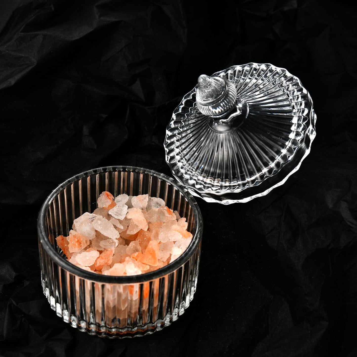 Crystal Glass Salt Cellar with Lid – 7oz Clear Salt Box Salt and Pepper bowls, Salt Container Holder for Kitchen, glass Storage jars for Candies, Sugar, Decorative Kitchen & Dining Table Essential