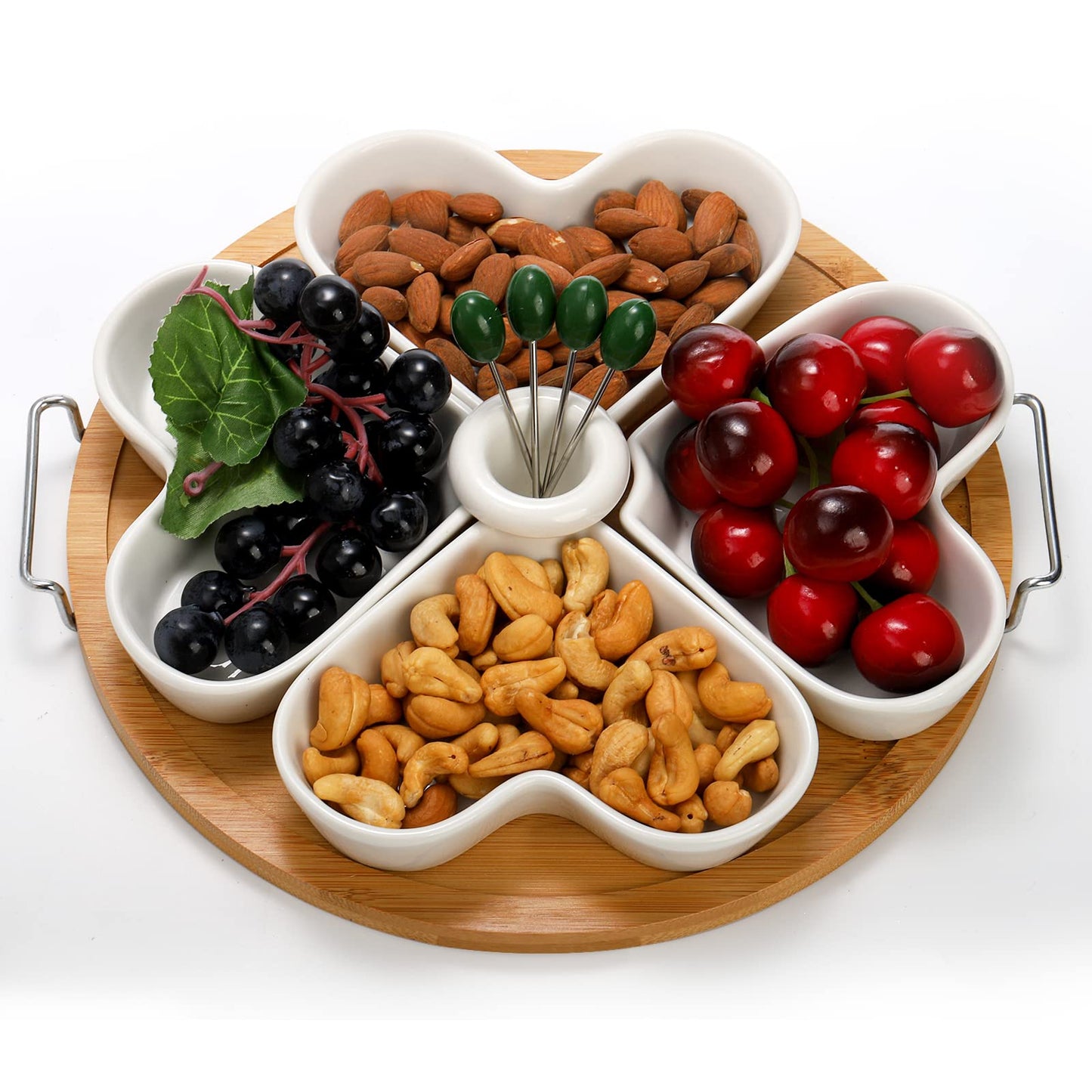 ZEAYEA 11 Inch Appetizer Serving Tray with Holder, Ceramic Divided Serving Platter with Food Picks for Christmas, Relish Tray for Chips and Dip, Veggies, Candy and Snacks, Parties, White