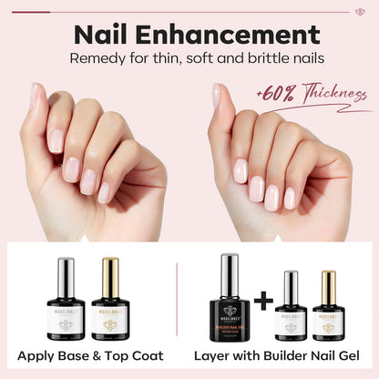 modelones Builder Nail Gel with Gel Top Coat, 3Pcs Clear Builder Nail Kit for Thickening Apex Building Extension Rhinestone Gel Tips Glue, U/V LED Lamp Cured for Home DIY Salon Girls