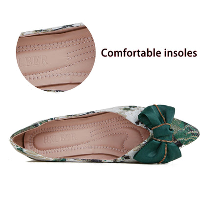 Women's Flats Shoes Pointed Toe Bow Embroidery Ballet Comfortable Dressy Slip On Flat Shoes Green Size 8.5