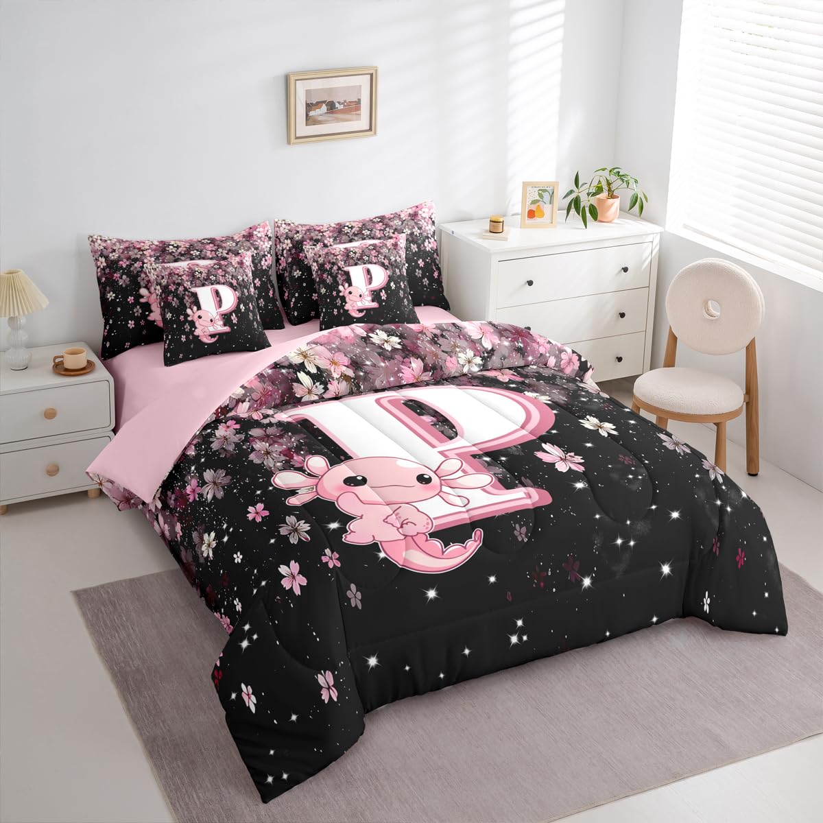 Erosebridal Pink Axolotl Bedding Set for Teen Girl (Pink Black,7Pcs,Twin Size) - Cute Initial Letter P Bed in A Bag Cherry Blossom Comforter Set Girly Preppy Cute Axolotl Quilt with Initial Design