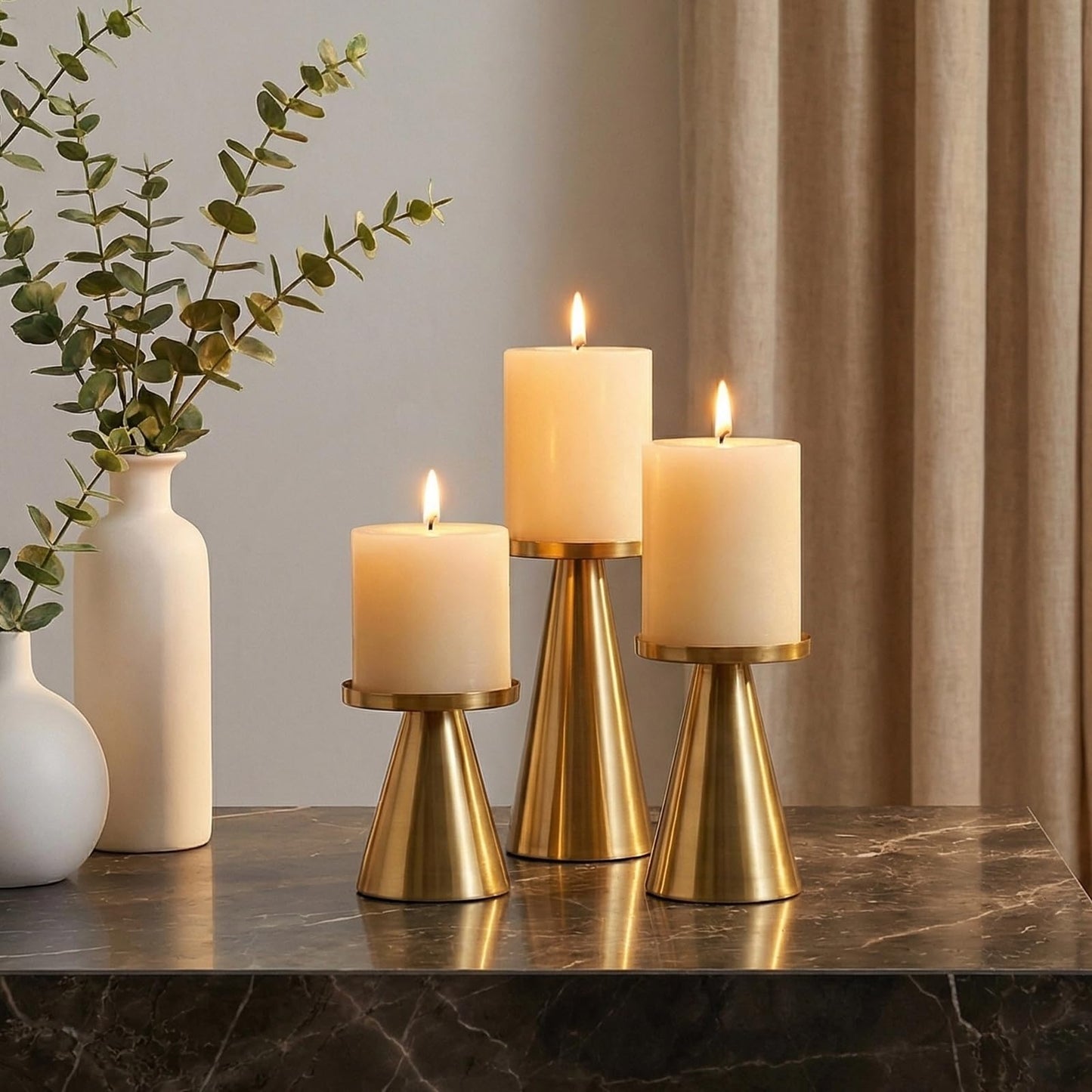 Gold Iron Plate Candle Holder Set of 3-4 & 4.7 & 6.4 Inch Tall, Decorative Iron Pillar Candle Plate, Elegant Candle Stand for LED & Wax Candles, Incense Cones, Spa, Weddings (Candles Not Including)