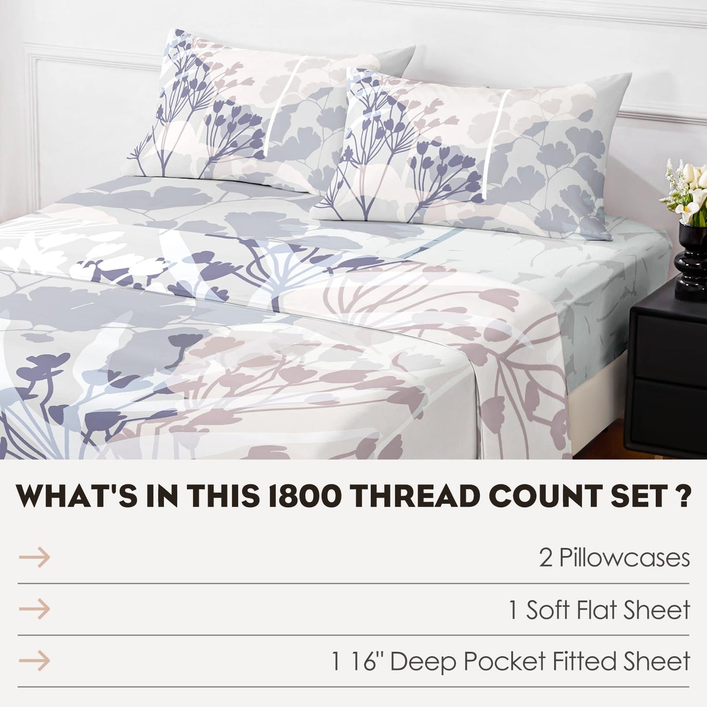 HCORA Floral Queen Sheet Set, Luxury 1800TC Hotel Quality Double Brushed Microfiber Deep Pocket Bed Sheets, Ultra Soft, Breathable and Cooling, 4PC, Queen Size