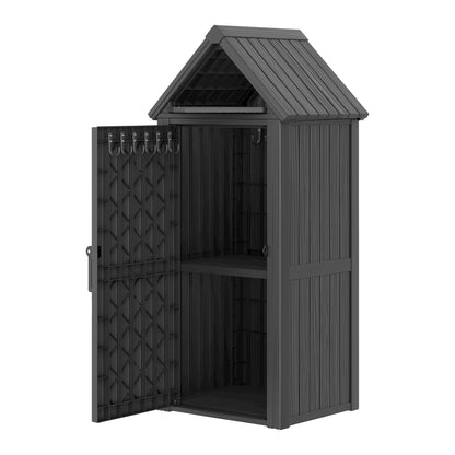 LHBGO Outdoor Storage Shed with Door & Shelf, Large Capacity Weatherproof Garden Tool Cabinet with Multiple Hooks for Backyard, Patio, Lawn（Black