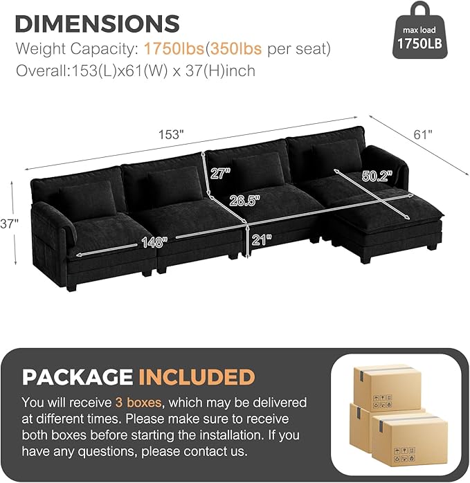ELUCHANG Oversized 153" Modular Sectional Sofa, Comfy Cloud Couch, L Shaped