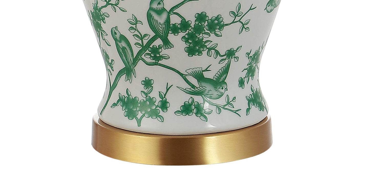 JONATHAN Y 22" White/Green Ceramic Table Lamp, French Country Chinoiserie Ginger Jar LED Bedside Lamp for Living Room Bedroom, White Linen Shade (JYL3005B)