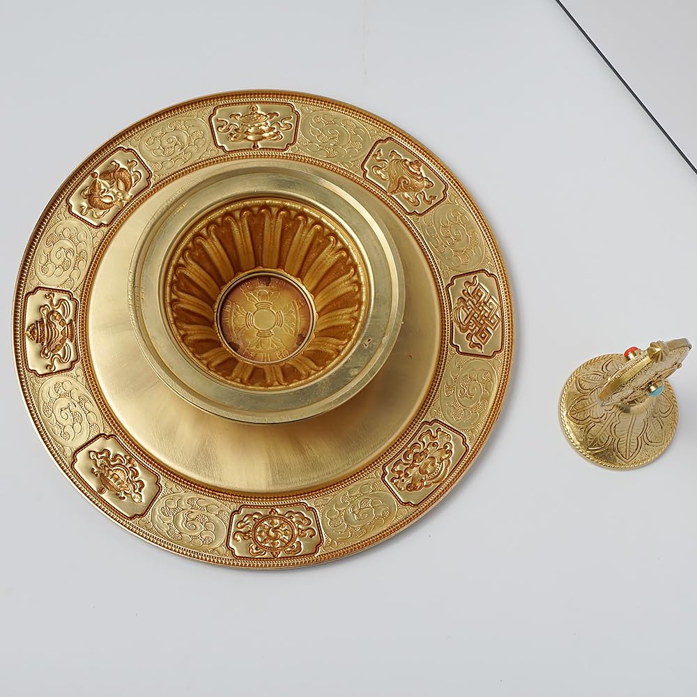 zenmood Tibetan Buddhist Mandala Offering Set, Brass Ceremonial Tower, 10.4 inch Height, Gold