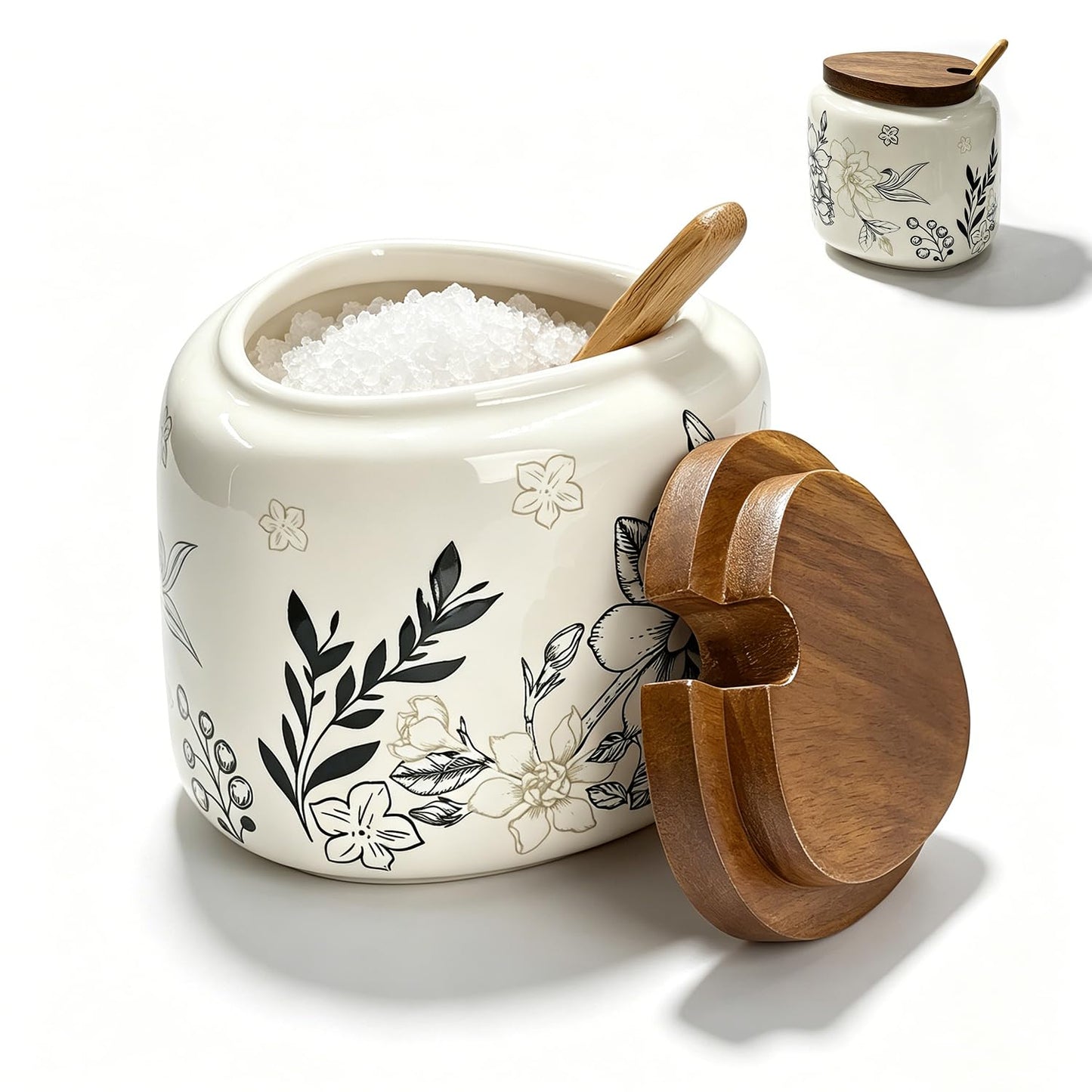 Salt Cellar 13.4 oz, Chinese Classical Vine Pattern Porcelain Salt Container with Wooden Lid & Bamboo Spoon, Ceramic Seasoning Bowl for Pepper & Spices, Kitchen Countertop Salt Holder (Triangular)