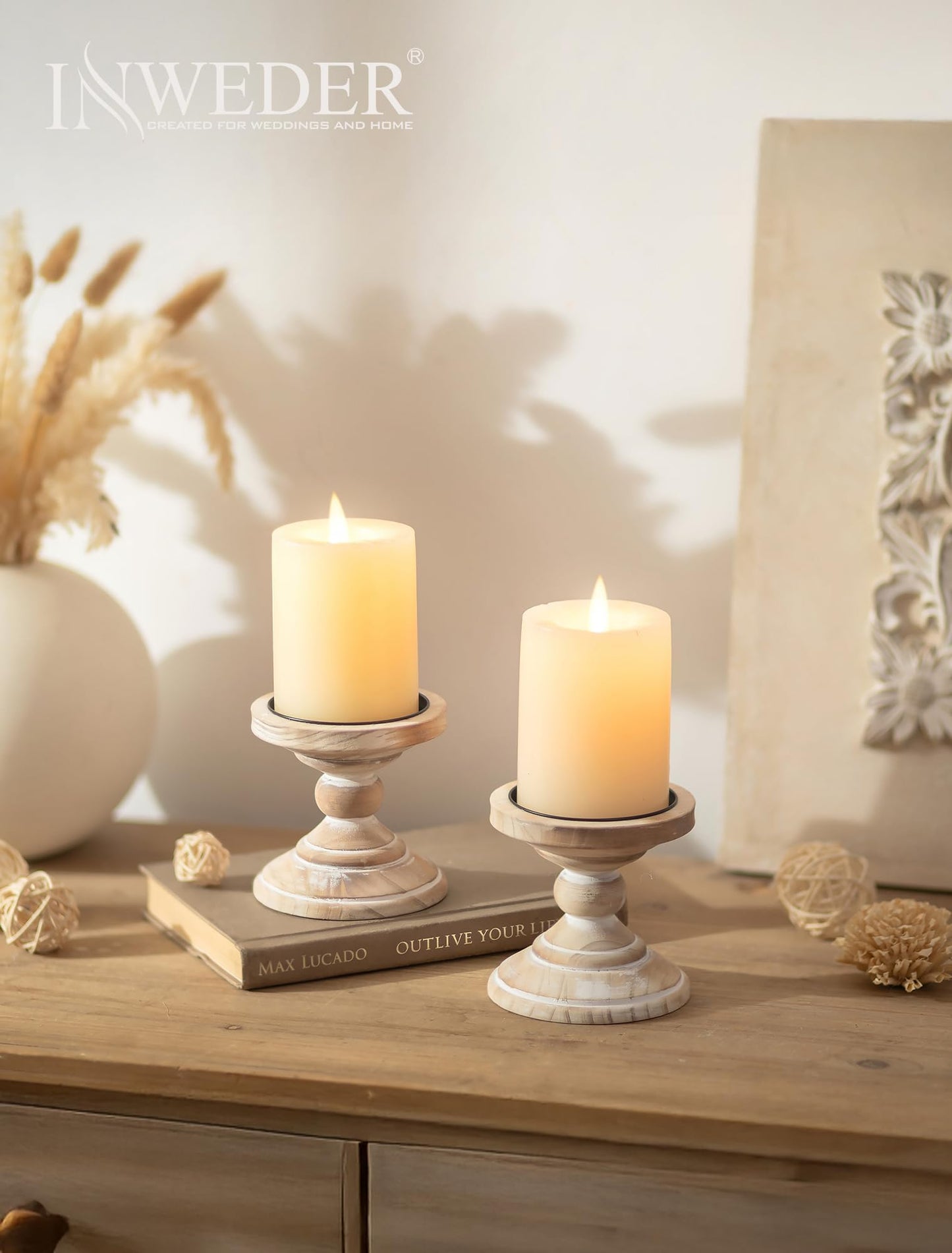 Inweder Wood Pillar Candle Holder: 2Pcs Rustic White Candle Holders for Pillar Candles Wood Candle Holders Distressed Wooden Farmhouse Candle Holder Large Rustic Candle Holder for Fireplace Table