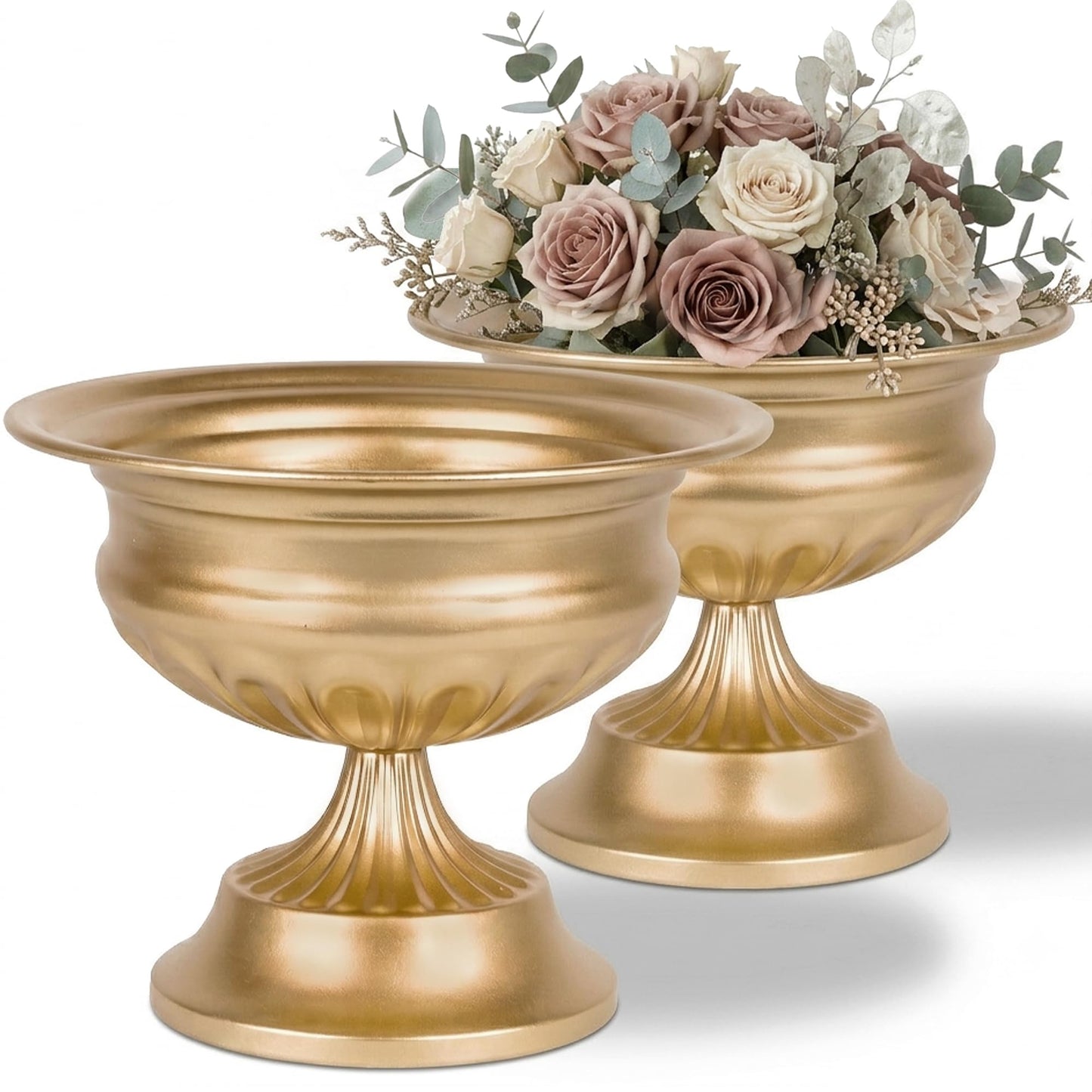 WORTH Small Urn Vases for Centerpieces Set of 2, Classic Metal Trumpet Flower Pots for Table, Bowl Vase for Wedding Party Event Home Deco (Golden, 7.8" Dia x 6.1" H), Smooth, Non-Aged Finish