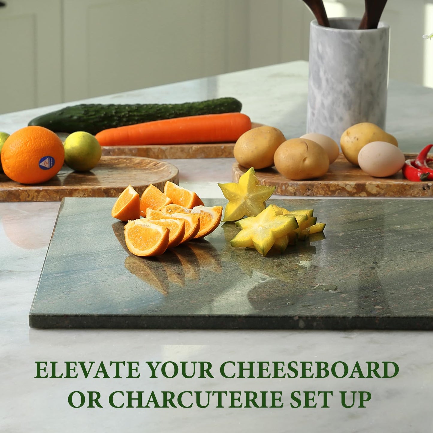 Koville Granite Cutting Board for Kitchen, 16x12 Inches Large Marble Slab Cheese Board, Rectangular Serving Board for Baking Charcuterie Pastry, Natural Stone Board for Countertop (Green)