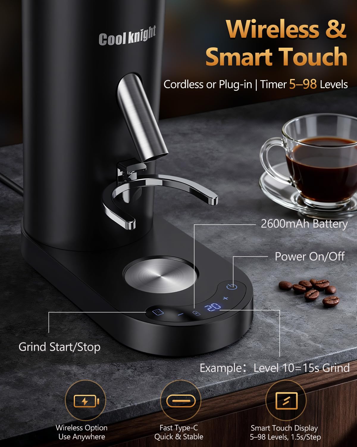 COOL KNIGHT Rechargeable Conical Burr Coffee Grinder, 60 Grind Settings & 5–98 Level Timer, Espresso Grinder with Bellows Hopper and Portafilter Holder, Easy to Clean